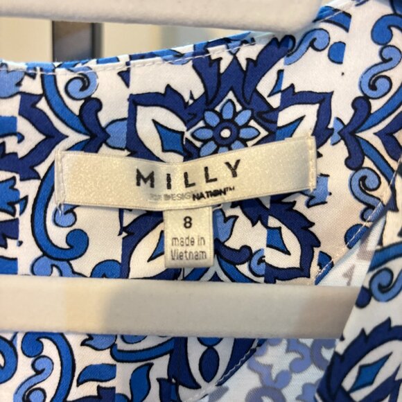Milly Fit and Flare Blue White Print V Neck Sleeveless Dress - Picture 4 of 13